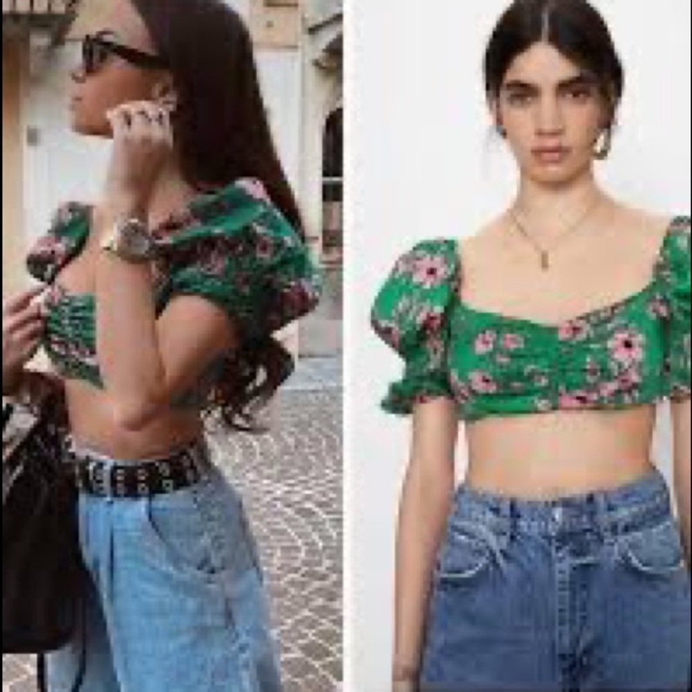 Zara Floral Crop Top Satin Green Puff Sleeve Small s